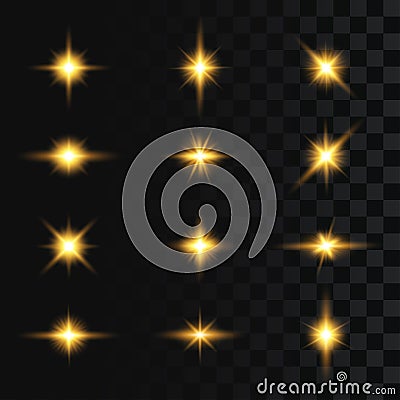 Set of flashes, star burst and sparkles on transparent background. Light effect, golden glowing flash with gold rays and lights. Vector Illustration